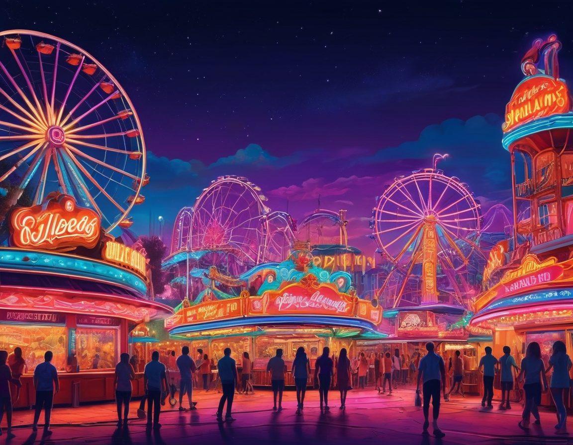 A vibrant and playful scene depicting an adult amusement park filled with neon lights, lively figures enjoying various attractions, and a whimsical atmosphere. Incorporate elements of joy and excitement such as a roller coaster, a live music stage, and colorful cocktails. Emphasize the cheerful expressions of adults having fun while balancing the theme of exploration and pleasure. bright colors, cartoonish style, energetic vibe.
