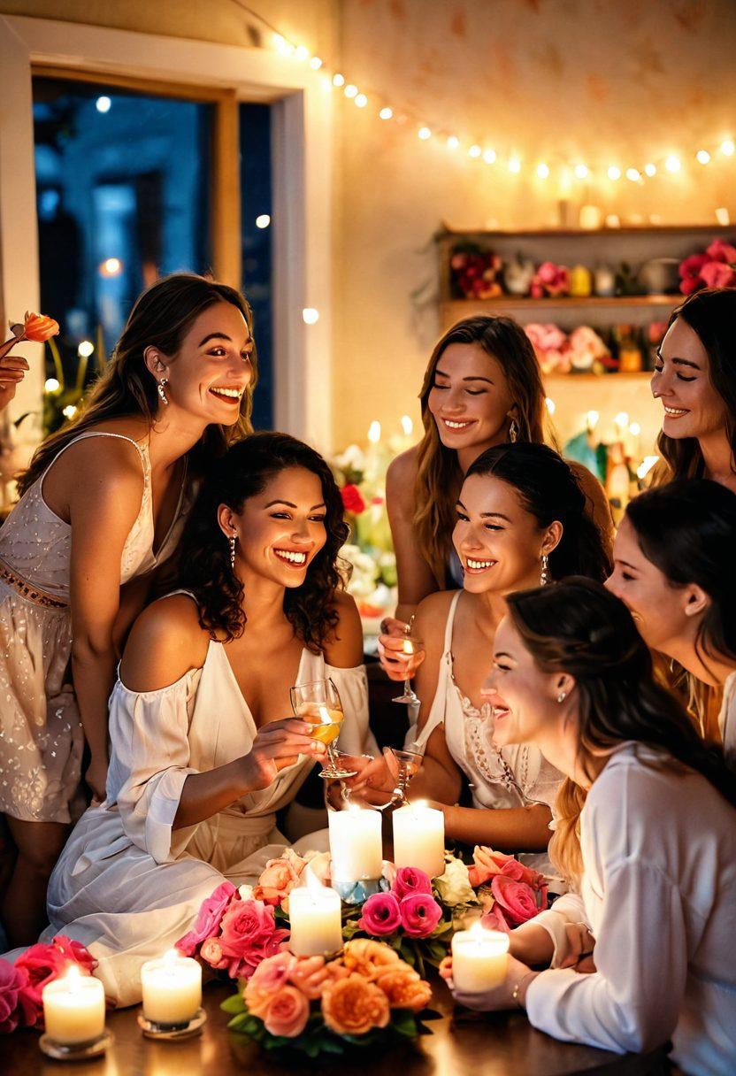 A whimsical and romantic scene featuring a group of friends playfully preparing for a bachelorette party, surrounded by soft candlelight and colorful decorations. Include elements of laughter, sensual games, and festive drinks, with a backdrop of a cozy living room adorned with flowers. Capture the warmth and joy of intimacy between friends. super-realistic. vibrant colors. cozy atmosphere.