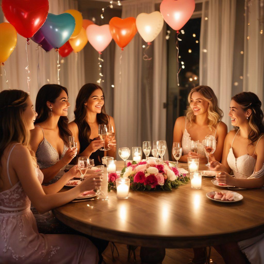 A beautifully decorated bachelorette party scene, featuring soft, ambient lighting with candles and fairy lights. Include a tastefully arranged table with elegant snacks, champagne flutes, and floral centerpieces. In the background, show a group of diverse women laughing and enjoying the evening together, dressed in stylish outfits. Add elements of romance, like heart-shaped balloons and delicate fabrics. vibrant colors. dreamy atmosphere. super-realistic.